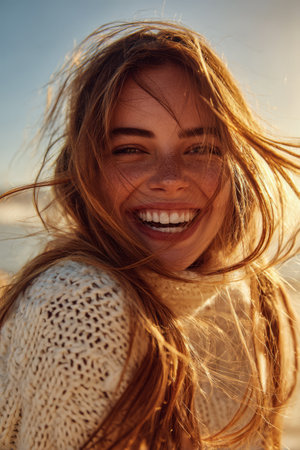 A woman with long flowing hair beams with joy on a beach as the wind tousles her hair. The golden light of sunset enhances her radiant smile and carefree spirit.の素材