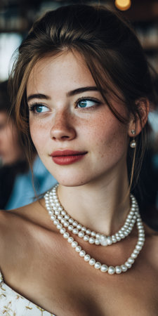 A young woman with light brown hair and freckles poses gracefully showcasing a layered pearl necklace. The setting appears to be a lively social gathering with soft background figures.の素材