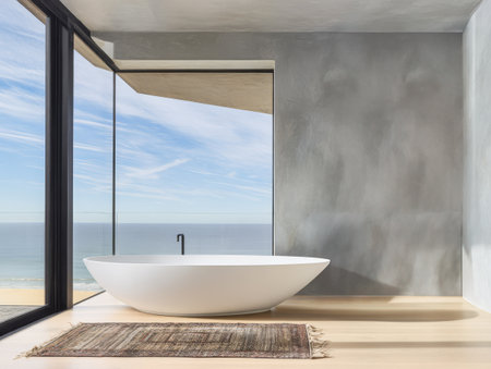 This contemporary bathroom showcases a spacious oval bathtub large glass windows and a serene ocean vista. The neutral color palette enhances the calming atmosphere and natural light.の素材