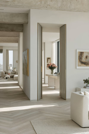 A spacious living area features large windows allowing natural light to fill the room. Elegant furniture and minimalist decor create a modern atmosphere enhancing the open layout.の素材