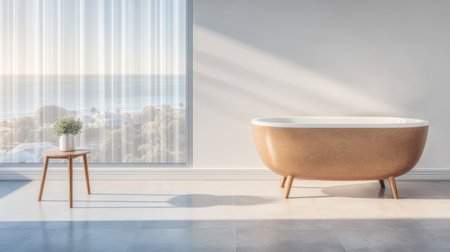 A serene bathroom showcases a freestanding tub beside a wooden chair with a small plant. Sunlight streams in through large windows revealing a beautiful ocean view and coastal landscape.の素材