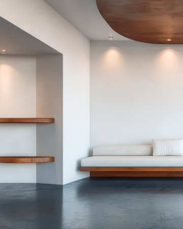 Bright and airy room showcases a minimalist design with white walls wooden shelves and a simple sofa. Natural light enhances the tranquil atmosphere perfect for relaxation or contemplation.の素材