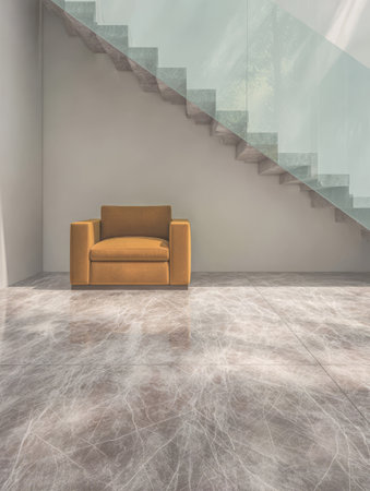 A stylish yellow armchair sits invitingly in a spacious interior with a modern aesthetic. A glass staircase provides an elegant contrast against the smooth flooring letting in natural light.の素材