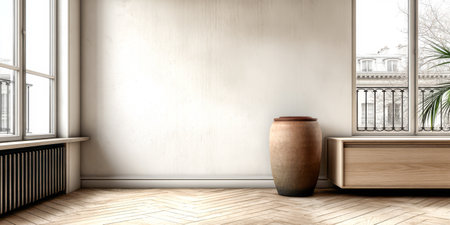 Bright airy interior features a wooden floor and large windows that illuminate a spacious area. A simple decorative vase rests beside a sleek wooden cabinet enhancing the minimalist design.の素材