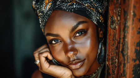 A woman with striking features rests her head on her hand while wearing a colorful headwrap. Her deep-set eyes convey a sense of contemplation illuminated by soft indoor light.の素材