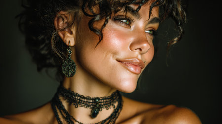 A woman with curly hair displays her radiant smile while wearing intricate earrings and a stylish necklace.の素材