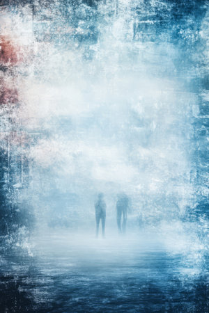 Two indistinct figures stroll through a thick fog that envelops the surroundings. Soft colors blend in the background as the twilight creates an ethereal atmosphere enhancing the mystery.の素材