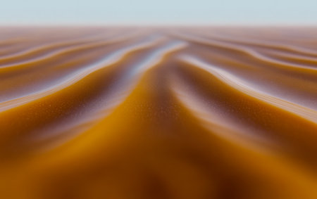 Endless undulating sand dunes stretch across the horizon reflecting warm golden tones under a clear sky at sunset. The stillness of the desert creates a serene atmosphere.の素材