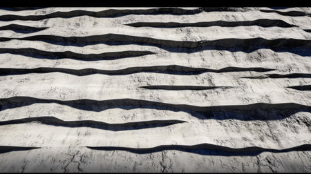 Sand dunes display rhythmic lines and curves contrasting light and shadow under a clear blue sky. The patterns evoke a sense of tranquility and natural beauty by the coast.の素材