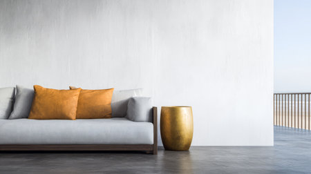 A contemporary living room showcases a gray sofa adorned with three orange pillows placed against a clean white wall. A gold accent table stands nearby enhancing the modern aesthetic.の素材