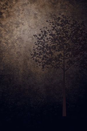 A silhouette of a tree stands out against a richly textured dark background. The subtle interplay of light and shadow creates a dramatic and atmospheric effect inviting contemplation.の素材