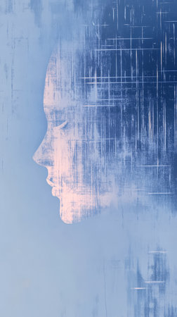 A side view of a face merges seamlessly with a textured blue background creating an abstract artistic effect. The soft lines and colors evoke a sense of calm and introspection.の素材