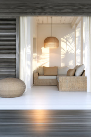 A modern lounge area features a cozy sofa adorned with soft cushions a stylish pendant light and warm sunlight filtering through sheer curtains creating a tranquil atmosphere.の素材