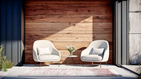 Two elegant white chairs sit facing each other on a patio accompanied by a small round table. A bouquet of flowers rests on the table creating a tranquil atmosphere in the outdoor space.の素材