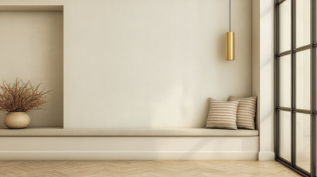 Soft natural light fills a minimalist interior featuring a cozy seating area with striped cushions and a vase of dried plants. The clean lines and neutral colors enhance the serene atmosphere.の素材