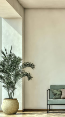 Bright living room showcases a stylish green chair next to a large potted plant. Natural light streams in highlighting the minimalist decor and serene atmosphere.の素材