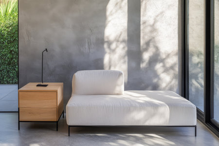 A minimalist lounge area showcases a contemporary chair and a wooden nightstand. Natural light filters through large windows casting soft shadows on the floor creating a tranquil ambiance.の素材