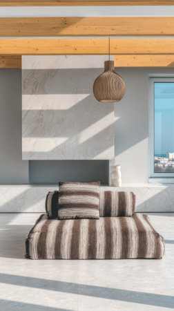 Cozy seating area with striped cushions blends seamlessly with a minimalist decor. Natural light filters through large windows highlighting the elegant modern design of the space.の素材