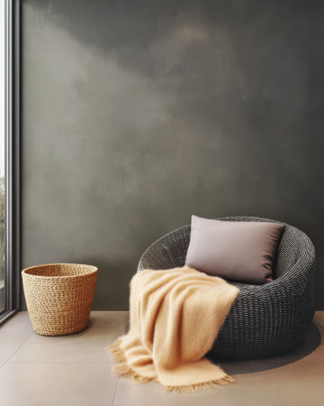 A unique round chair with a soft blanket draped over it sits beside a woven basket in a chic interior. The ambiance is calm and inviting showcasing modern design elements.の素材