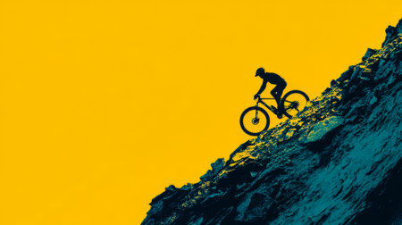A mountain biker ascends a rugged slope as the sun sets creating a striking silhouette against a bright yellow sky. The challenging terrain highlights the perseverance of the rider.の素材