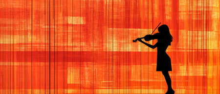 A woman in a dress stands in profile skillfully playing a violin. The backdrop features bold colorful brushstrokes in shades of orange creating a warm and artistic atmosphere.の素材