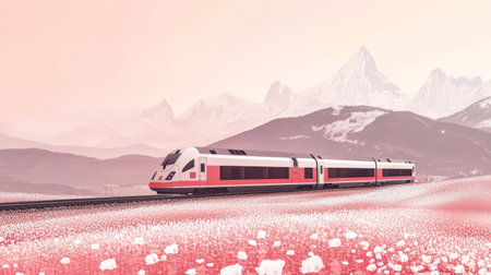 A modern train travels along railway tracks surrounded by a stunning mountain range. The vibrant pink flowers bloom in the foreground providing a picturesque view during sunset.の素材