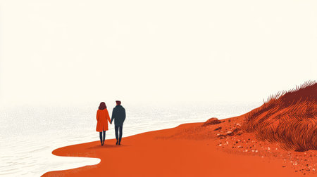 A couple strolls hand in hand on a warm orange sandy beach enjoying the sunset. The calm waves softly lap against the shore creating a serene atmosphere perfect for a romantic outing.の素材