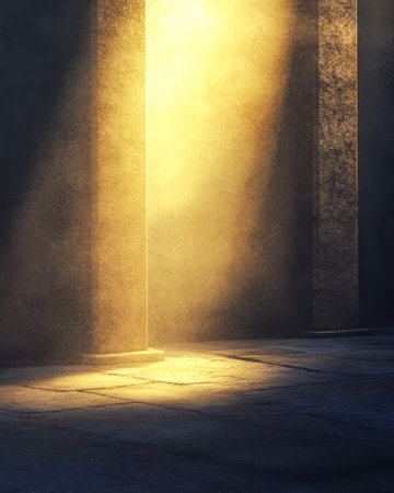 Soft golden light filters through an ancient corridor illuminating the dusty floor and creating a serene atmosphere. The interplay of shadows and light evokes a sense of mystery and tranquility.の素材