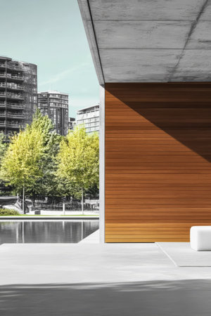 A sleek contemporary structure features wooden paneling beside a tranquil water feature framed by lush green trees and city buildings in the background under a clear sky.の素材