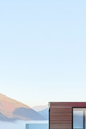 A contemporary building featuring large glass windows overlooks a tranquil mountain range at dawn. Soft fog rolls across the valley creating a peaceful and picturesque atmosphere.の素材