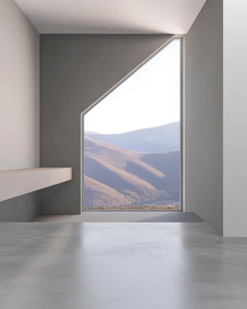 Bright interior space features a unique angular window revealing a stunning mountain view bathed in daylight. The minimalist design emphasizes the beauty of nature outside.の素材