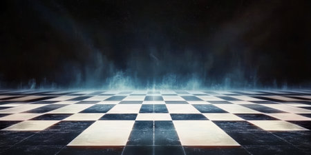 A large chessboard stretches across the foreground its black and white squares contrasting sharply against a mysterious misty background. The setting evokes a sense of intrigue and strategy.の素材