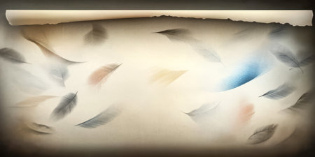 Delicate feathers drift gracefully across a light background showcasing soft hues of beige blue and subtle gray. This tranquil display evokes a calming ambiance perfect for interior design or art.の素材