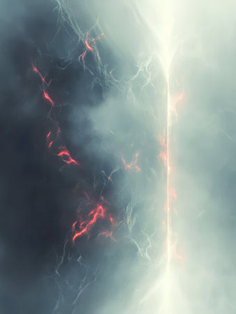 A captivating display of dark clouds and a bright fissure separates the atmosphere. Glimmers of red energy can be seen throughout the clouds creating an eerie yet beautiful effect.の素材