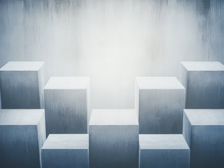 A series of white cubes are positioned in a staggered formation casting soft shadows on a gradient background. The overall atmosphere is calm and minimalistic illuminated by gentle light.の素材