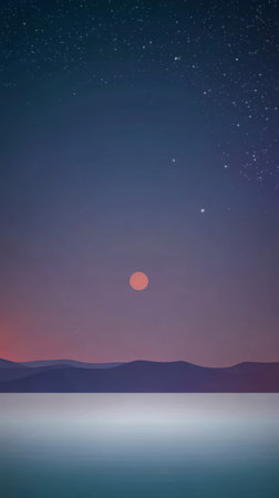 A red moon glows brightly above a calm lake reflecting on the waters surface. Dark mountains form a silhouette against the twilight sky adorned with shimmering stars.の素材