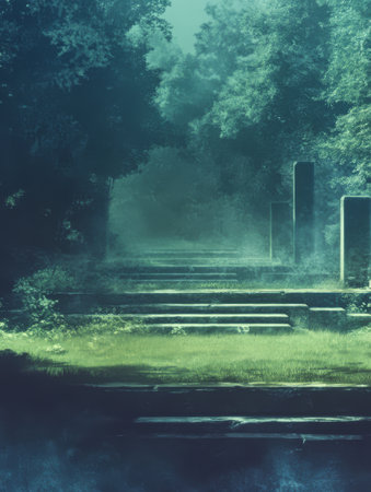 A tranquil stone pathway surrounded by thick trees and fog creating an enchanting atmosphere at dusk. The ground is overgrown with grass enhancing the mystical feel.の素材