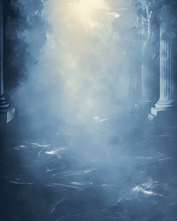 A mystical environment features towering classical columns shrouded in fog. Soft beams of light penetrate the haze enhancing the enchanting and surreal feeling of the space.の素材