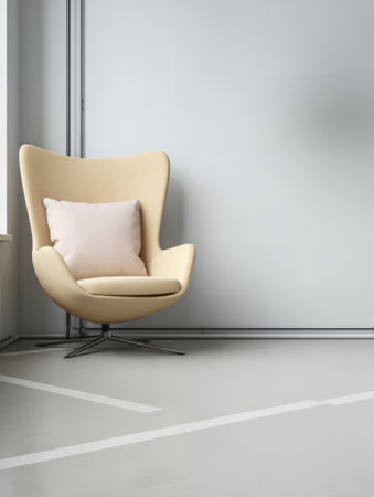 A stylish beige chair with a soft pillow is positioned in a bright minimalist room. Large windows provide ample natural light enhancing the tranquil atmosphere.の素材