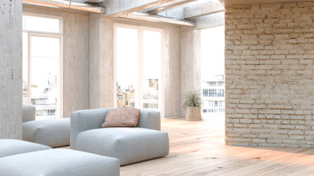 Bright and airy interior showcasing a modern design featuring minimalist furniture and a warm wooden floor. Large windows invite natural light enhancing the inviting atmosphere.の素材