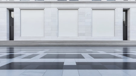 Modern structure showcases large blank walls and a striking patterned floor under a clear sky during twilight. The composition highlights clean lines and tranquil aesthetics in urban space.の素材