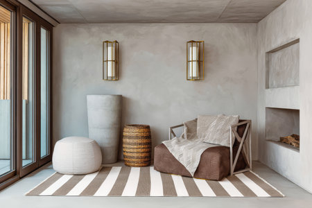 A contemporary living area features minimalistic furniture including a comfortable chair and stylish poufs. Natural light floods the space highlighting the neutral color palette and textures.の素材