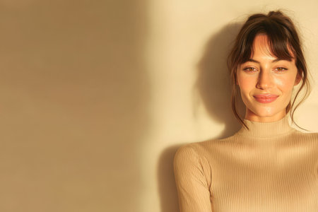 A woman with long hair and a warm smile stands facing a softly lit wall. Natural light highlights her features creating a serene and inviting atmosphere in a neutral-toned setting.の素材