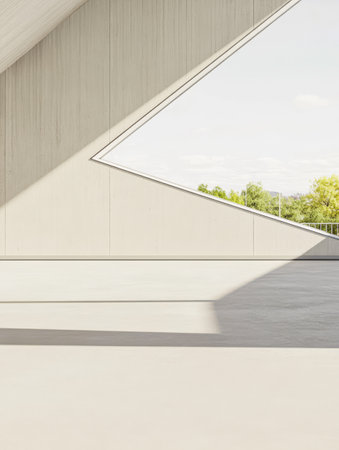 A bright interior featuring a large geometric window that allows natural light to illuminate the simple modern space. The clean lines and minimalistic design invite contemplation and inspiration.の素材