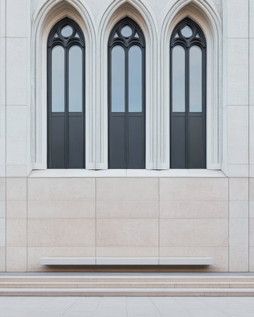 A contemporary building showcases three tall arched windows with intricate detailing along with a minimalist bench below. The smooth stone facade emphasizes clean lines and modern design.の素材