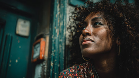 A woman with beautiful curly hair sits quietly gazing thoughtfully in an urban setting. The vibrant backdrop adds character to her calm demeanor capturing a moment of reflection in the city.の素材
