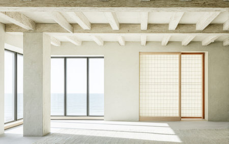 Bright and airy room features large windows offering a stunning ocean view. The minimalist decor includes neutral tones wooden accents and a clean uncluttered layout. Ideal for modern living.の素材