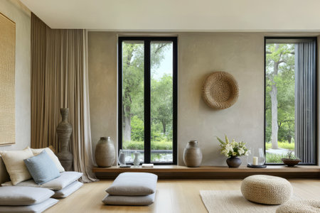 Bright and airy living room featuring minimalist furnishings and large windows.の素材