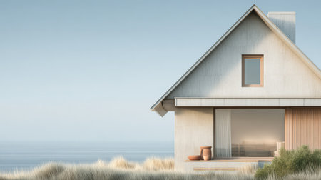 A sleek and modern coastal house stands against a backdrop of gentle ocean waves.の素材