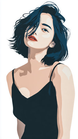 A young woman with a modern bob haircut showcases her unique style. She has fair skin and a confident expression wearing a simple black top. Her hair frames her face emphasizing her features.の素材